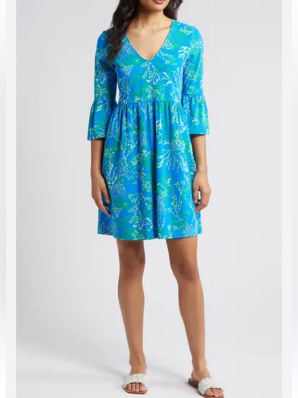 Lilly Pulitzer Jannie V-Neck A-Line Midi Dress Blue Green White Floral Size XL